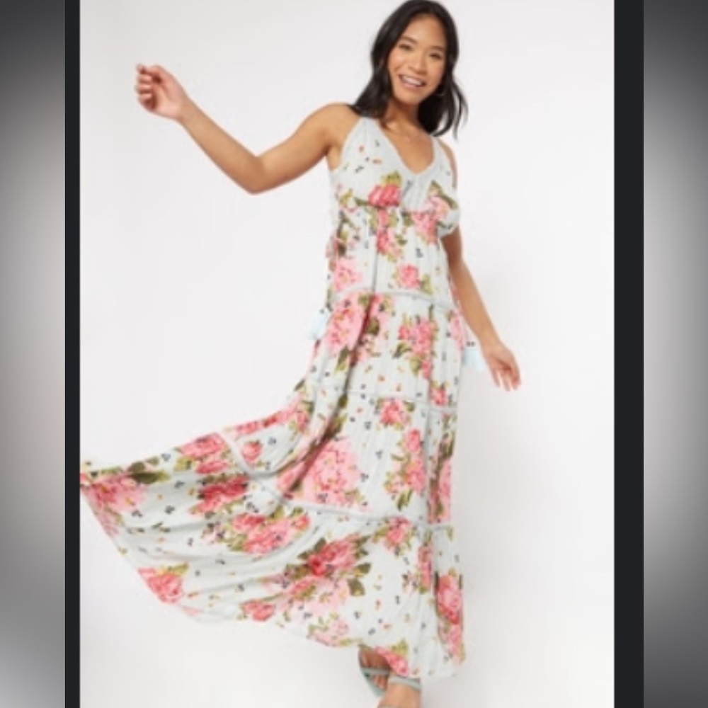 Rue 21 Blue Floral Print Tiered Maxi Dress women’s size SM